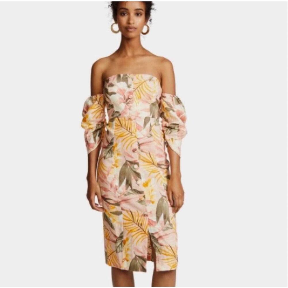 Joie Tropical Floral Linen Off Shoulder Button Front Seldy Midi Dress Size 4